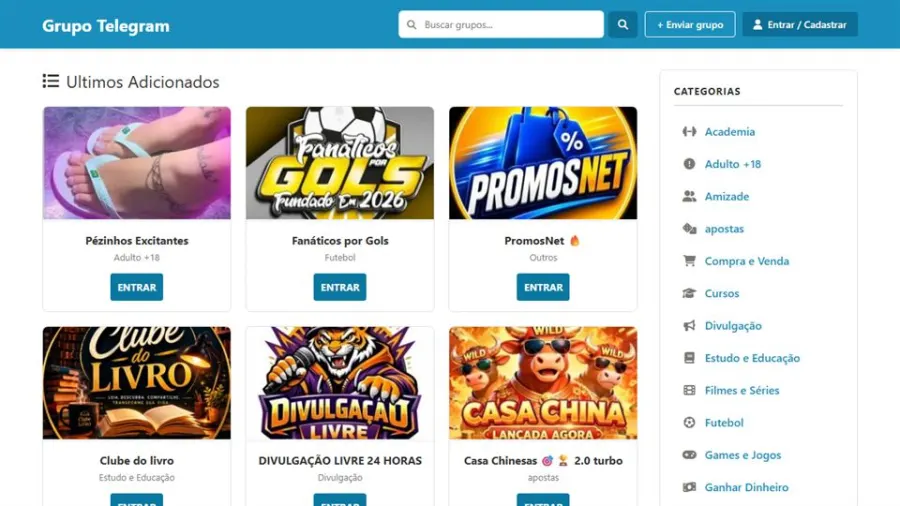 Pagina inicial do Grupos Telegram VIP